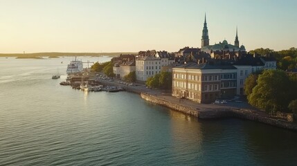 Obraz premium Stunning Helsinki skyline at sunset featuring the Helsinki Cathedral, with the warm golden light reflecting off the iconic cityscape of Finland's capital, set against a colorful evening sky