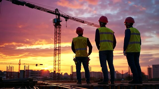 Construction Engineers on Rooftop at Sunrise