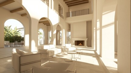 Obraz premium Elegant Spanish Living Room with High Ceilings and Fireplace for Relaxation and Socializing