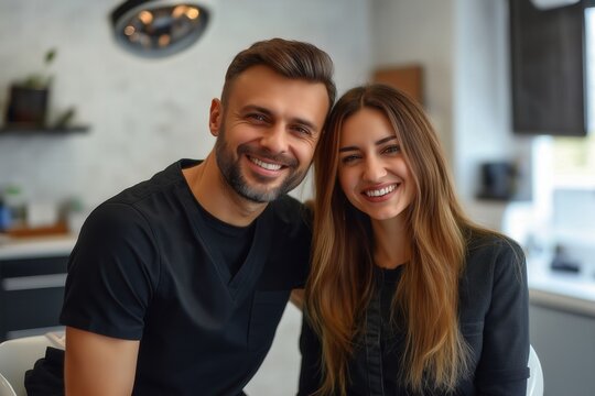 A dentist and patient exchanging smiles after a successful cosmetic dentistry procedure, showing bright, white teeth