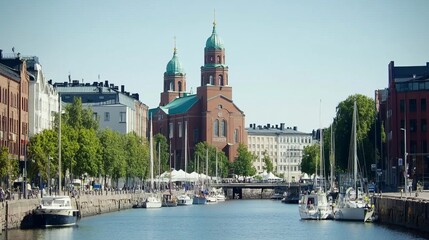 Fototapeta premium Iconic domes of Uspenski Cathedral overlooking the redeveloped waterfront apartments and restaurants in Katajanokka, with boats moored in the tranquil blue waters of Helsinki's North Harbour
