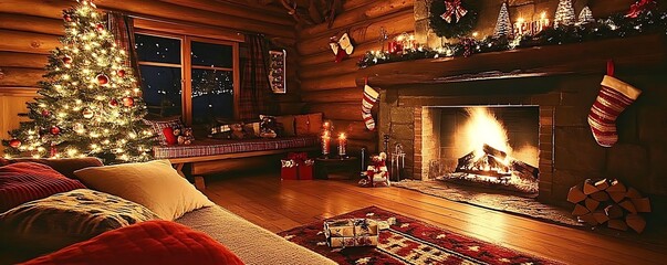 Cozy holiday scene with a decorated tree, fireplace, and festive decorations.