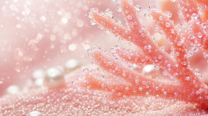 Fototapeta premium 3D pink coral clusters with diamonds and pearls scattered underwater glittering dreamy background. beautiful fashion luxury wallpaper