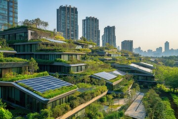 Fototapeta premium A futuristic city with vertical gardens and solar-paneled rooftops, showing a harmonious blend of nature and technology for sustainable urban living
