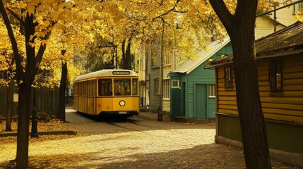 Obraz premium Tram passing through the European city of Helsinki in autumn. Historic wooden houses in Kapyla neighborhood with vibrant fall colors, showcasing the charming and traditional architecture of Finland