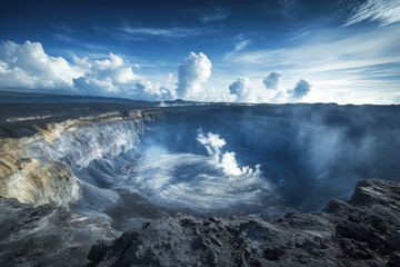 Fototapeta premium Dramatic landscape of an active volcanic crater emitting steam under a vast, cloudy sky, showcasing nature's raw power and geological activity.