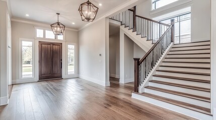 A bright and airy entry foyer features a beautifully designed white wall staircase.
