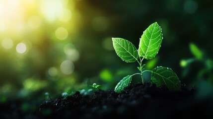 Naklejka premium A young green plant with dew-covered leaves emerges from rich, dark soil, illuminated by soft sunlight in a lush environment.