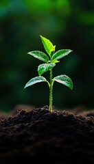 Fototapeta premium A vibrant green seedling emerges from rich soil, surrounded by a soft-focus background, symbolizing growth and renewal in nature.