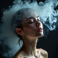 Fototapeta premium A woman with closed eyes appears peaceful as swirling smoke frames her face, creating an ethereal ambiance in a dimly lit space. Her serene expression invites contemplation and calmness.