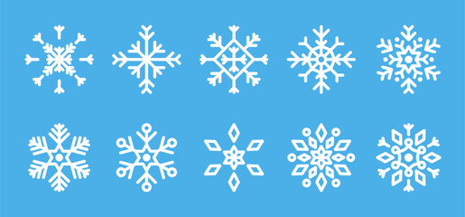 Collection of Christmas-themed snowflake vector designs. Includes various white snowflake icons, perfect for winter and holiday templates.