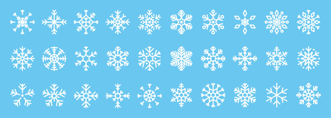Collection of Christmas-themed snowflake vector designs. Includes various white snowflake icons, perfect for winter and holiday templates.