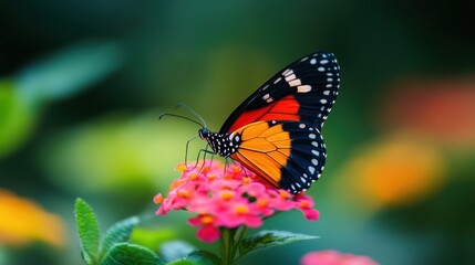 Obraz premium A vibrant butterfly with orange and black wings rests on a pink flower, surrounded by lush greenery and soft blurred colors in the background.