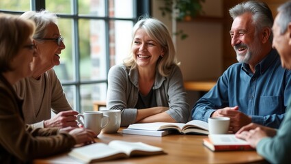 Friends gather around a wooden table, engaged in animated conversation while enjoying coffee and sharing stories. Their warm smiles reflect camaraderie on a crisp autumn day in a comfortable café sett