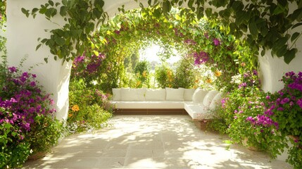 Fototapeta premium Serene Spanish Terrace Oasis with Modern Lounge Area, Lush Greenery, and Vibrant Flowers for Relaxation and Views