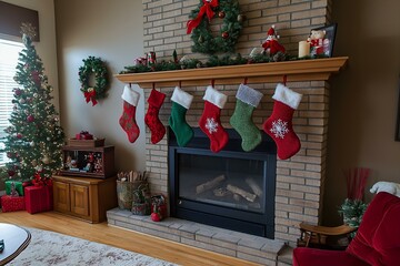 Obraz premium Christmas Stockings Decorated with Toys and Sweets, Hanging Over the Fireplace