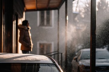 Winter street scene with a person by a car.