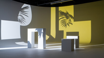 Artistic studio space with white geometric shapes cast in dramatic shadows from palm leaves against vibrant yellow and muted gray backgrounds.