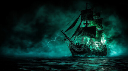 Fototapeta premium A dark stormy ocean where a cursed pirate ship emerges from the fog