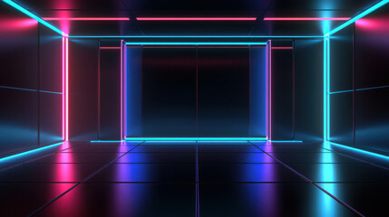 Vibrant 3D Neon Glow Chamber with Floating Borders and Reflective Floors, Ideal for Futuristic and Sci-Fi Concepts in Digital Art and Design Projects