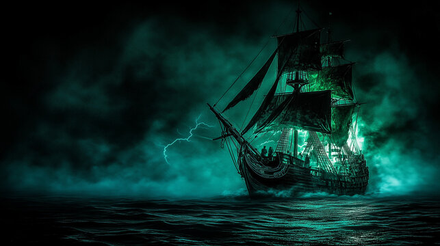 A dark stormy ocean where a cursed pirate ship emerges from the fog