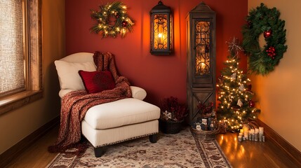 Cozy holiday corner with a chair, decor, and a small Christmas tree.