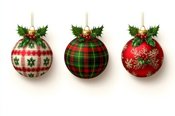 Festive trio of red green and plaid Christmas ornaments with holly and snowflake designs on a white background creating a playful holiday theme