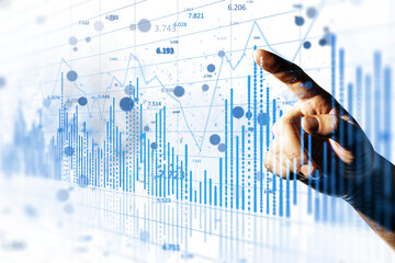 Hand pointing at a digital graph with fluctuating blue lines and data points. Transparent...