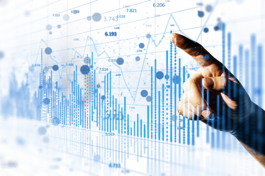 Hand pointing at a digital graph with fluctuating blue lines and data points. Transparent background. Concept of financial technology