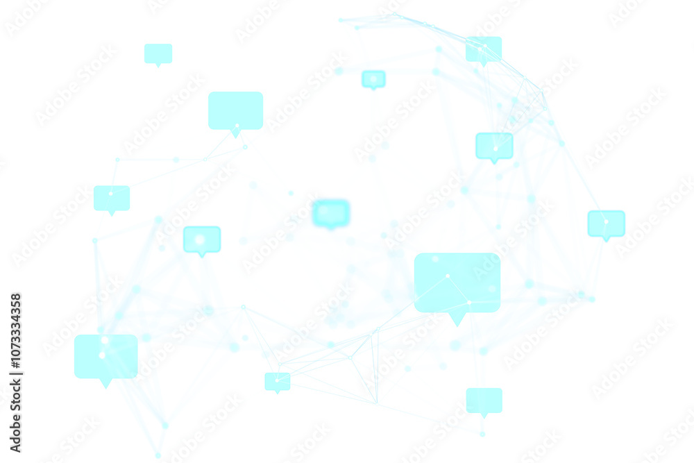 Aufkleber Light blue chat bubbles connected by thin lines on a white background, representing digital communication and networking, isolated design. 3D Rendering.