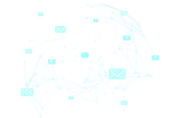 Several glowing email icons connected by lines, floating over a white background, representing a digital communication concept. 3D Rendering