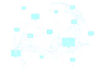 Light blue chat bubbles connected by thin lines on a white background, representing digital communication and networking, isolated design. 3D Rendering.