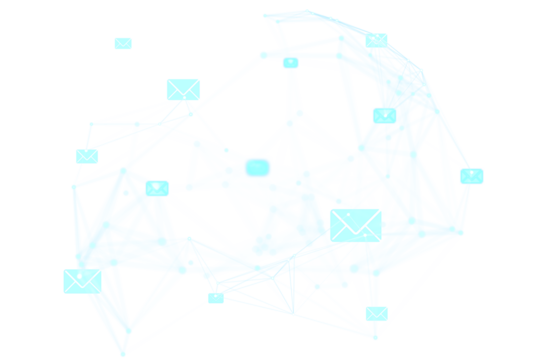 Several glowing email icons connected by lines, floating over a white background, representing a digital communication concept. 3D Rendering