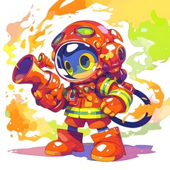 Obraz premium Cartoon Firefighter Character with Hose and Flames