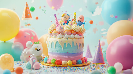Playful and Colorful Birthday Cake with Pastel Decorations, Whimsical Characters, Balloons, and Confetti Celebrating a Joyful Occasion