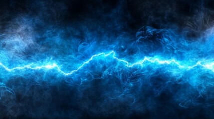 Captivating thunder light illuminates a blue smoke cloud in a panoramic view.