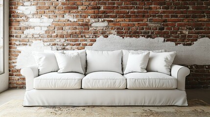 White sofa with cushions on a brick wall background, modern loft-style interior design
