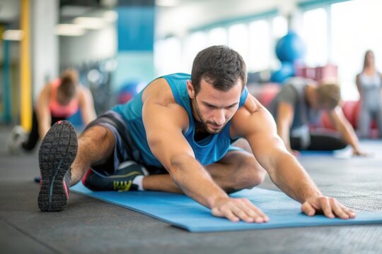 A man is engaged in a deep stretching exercise on a workout mat in a busy gym. The environment is filled with natural light, and other individuals can be seen participating in their own fitness routin
