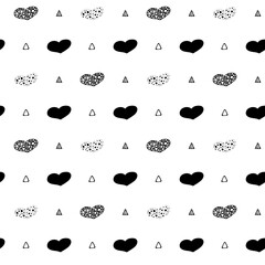 Geometric heart pattern. Black seamless isolated ornament, hearts with dots, small triangles. Doodle style hand-drawn lines. Valentine s design, wedding, wrapping, decoration, textile, scrapbooking 