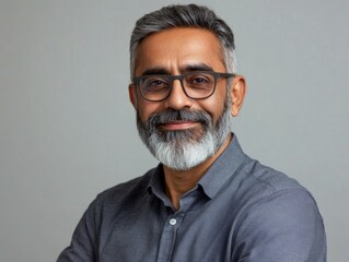 Obraz premium Smiling Man with Glasses, Beard and Mustache, Posing for Portrait