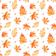 Watercolor seamless pattern with autumn yellow leaves.