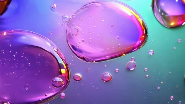 Macro shot of oil and water droplets merging into colorful abstract patterns, creating a mesmerizing effect with bubbles and vibrant colors.