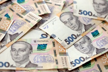 Ukraine money 500 hryvnia background. Ukrainian finance, salary, pension, donations, taxes