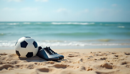 Obraz premium Soccer ball and boots on a sandy beach