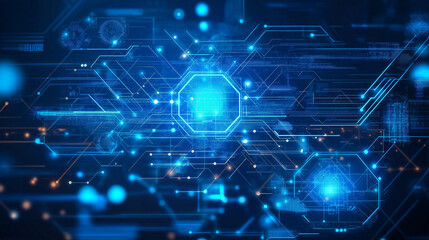 Futuristic blue abstract background with technology communication elements, including interconnected network lines and digital symbols, ideal for conveying a high-tech