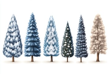 Collection of different types of snow covered Christmas trees capturing the diverse beauty of winter greenery in a charming holiday scene