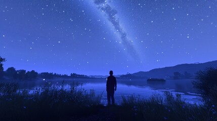 Fototapeta premium Celestial Silhouette Rippling Radiance, a person standing under a starlit sky, soft celestial light shimmering across a calm lake in front, creating gentle reflections, stars sparkling vividly.