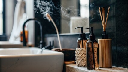 Modern bathroom sink with natural decor and soap dispensers