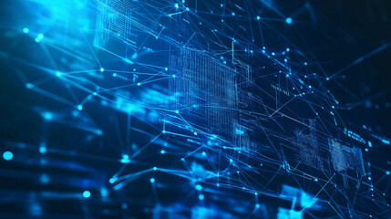 Obraz premium Futuristic blue abstract background with technology communication elements, including interconnected network lines and digital symbols, ideal for conveying a high-tech
