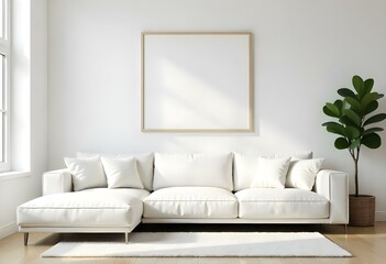 A modern living room with a large white sofa, a wooden frame on the wall, and a potted plant in the corner